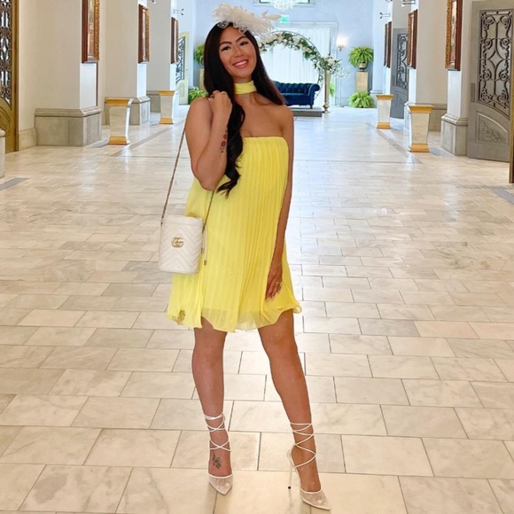 Pleated Off White Mini Dress Tie Neck Short A-Line Flared - Picture 16 of 16